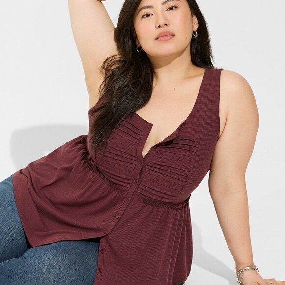 Torrid - Textured Jersey Scoop Neck Button Down Babydoll in Sassafras / Plum‌‌‌ - Picture 10 of 12